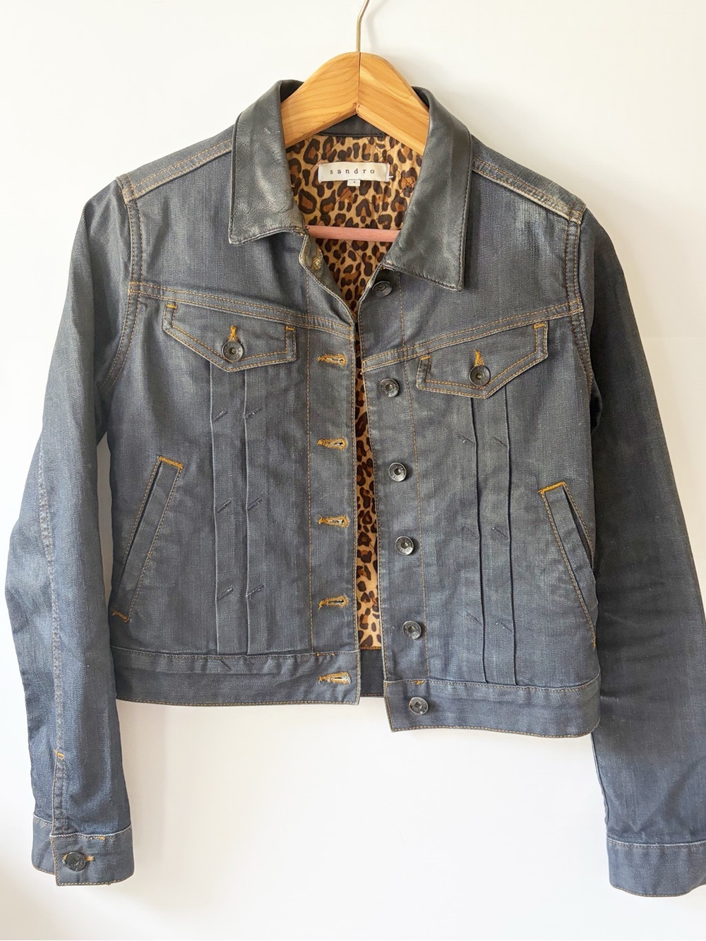 Sandro Waxed Denim Jacket with Leather Collar and Leopard Lining Size 1 XS Punk